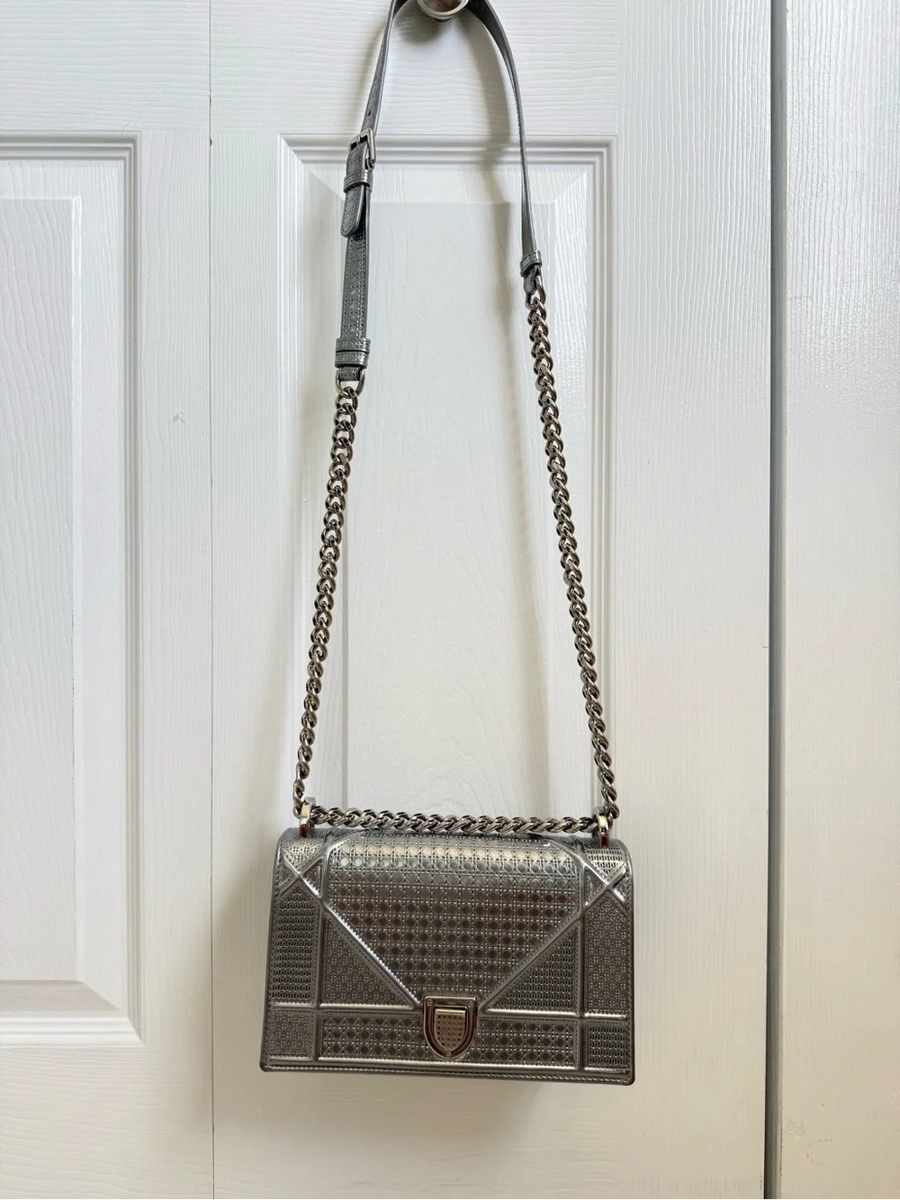 Diorama Authentic Dior Metallic Medium Silver Bag with Chain Strap